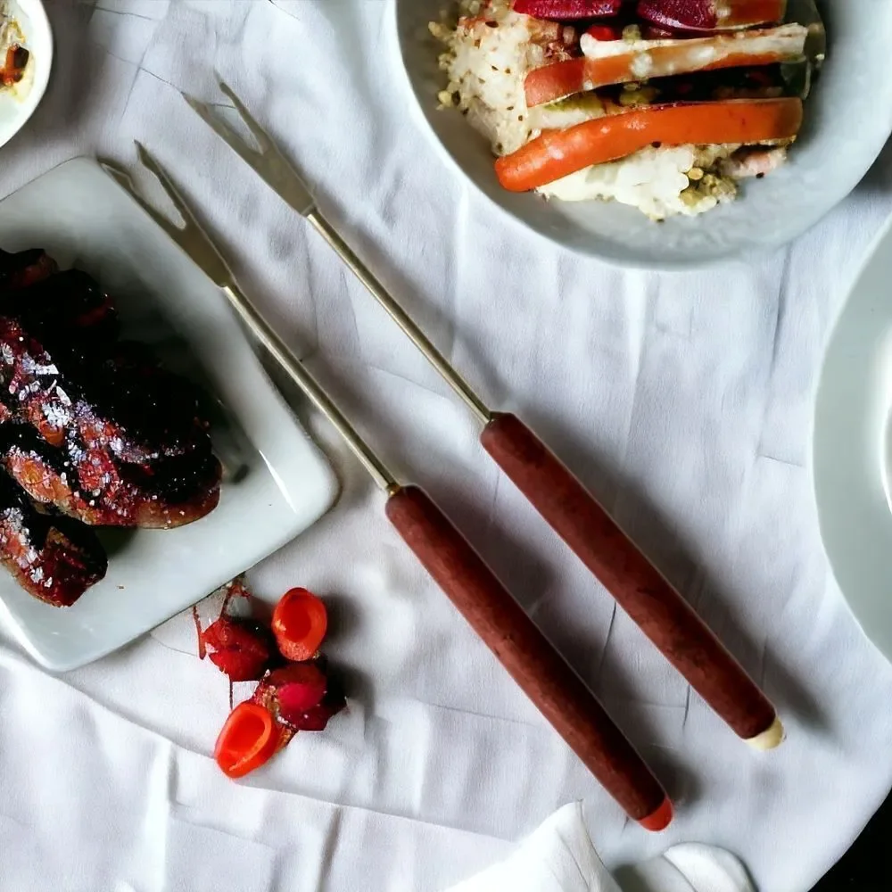 2 Teak Fondue Forks Skewers Picks Appetizer Cocktail Seafood‎ Stainless Steel
